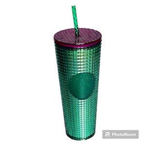 NEW Starbucks Emerald Green Grid w/Magenta Lid 24 oz Cold Cup Tumbler Summer '23